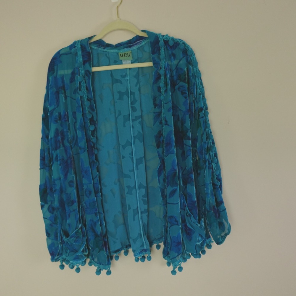 URU Cardigan Turquoise Blue Floral Velvet Burnout Pom‎ Pom Trim